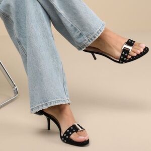 Lulus Caloway Black Suede Studded Buckle High Heel Slide Sandals - Size 10